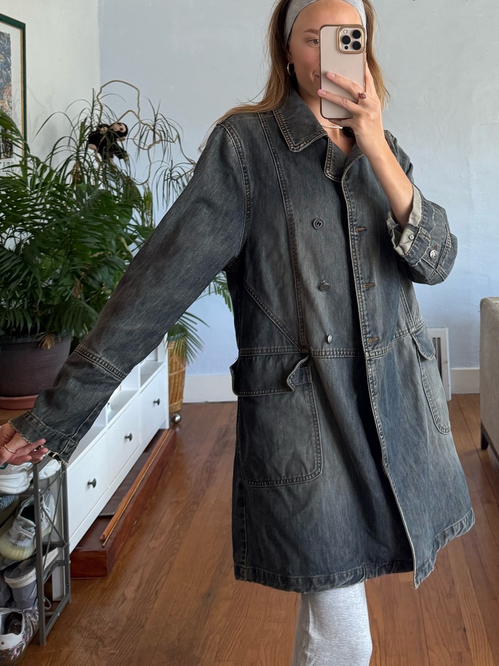 Long Washed Grey Blue Denim Trench Coat